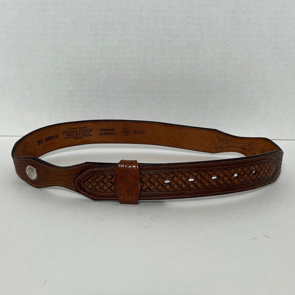 Vtg Leegin Silver Creek Leather Belt Western Weave Embossed No Buckle | Size 30